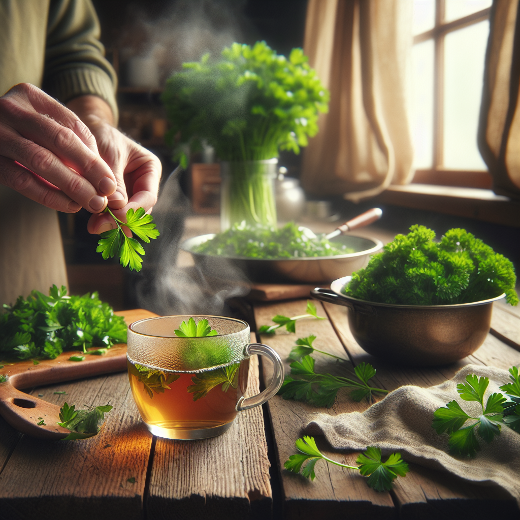 Des feuilles de persil frais mâchées par une personne, accompagnées d'une tasse de thé de persil sur une table et du persil ajouté à un plat cuisine.