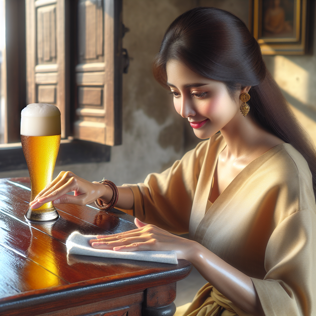 Une personne utilisant de la bière pour polir une table en bois avec un chiffon propre imbibé de bière, frottant doucement la surface en bois, la rendant brillante et éclatante.