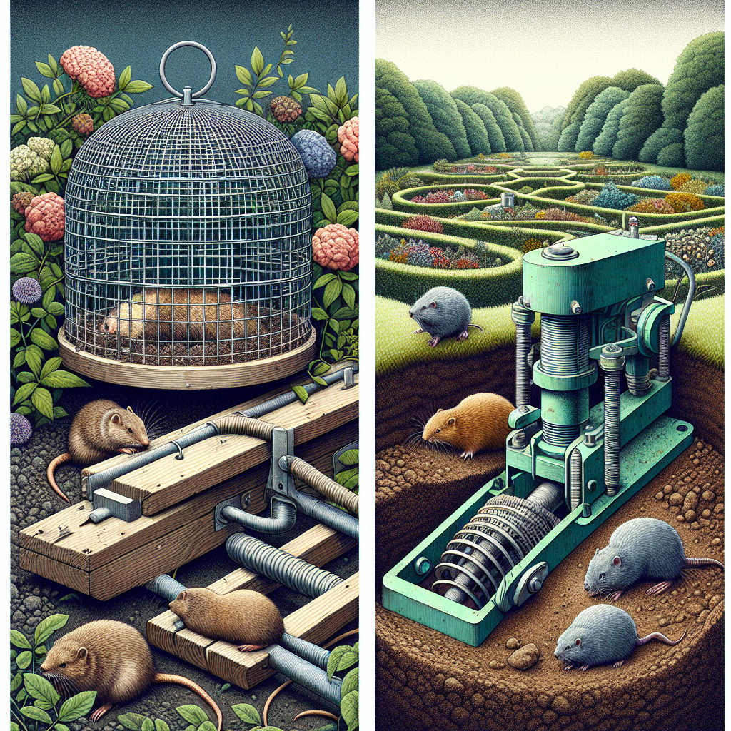 Illustration de deux types de pièges à taupe dans un jardin avec des taupinières