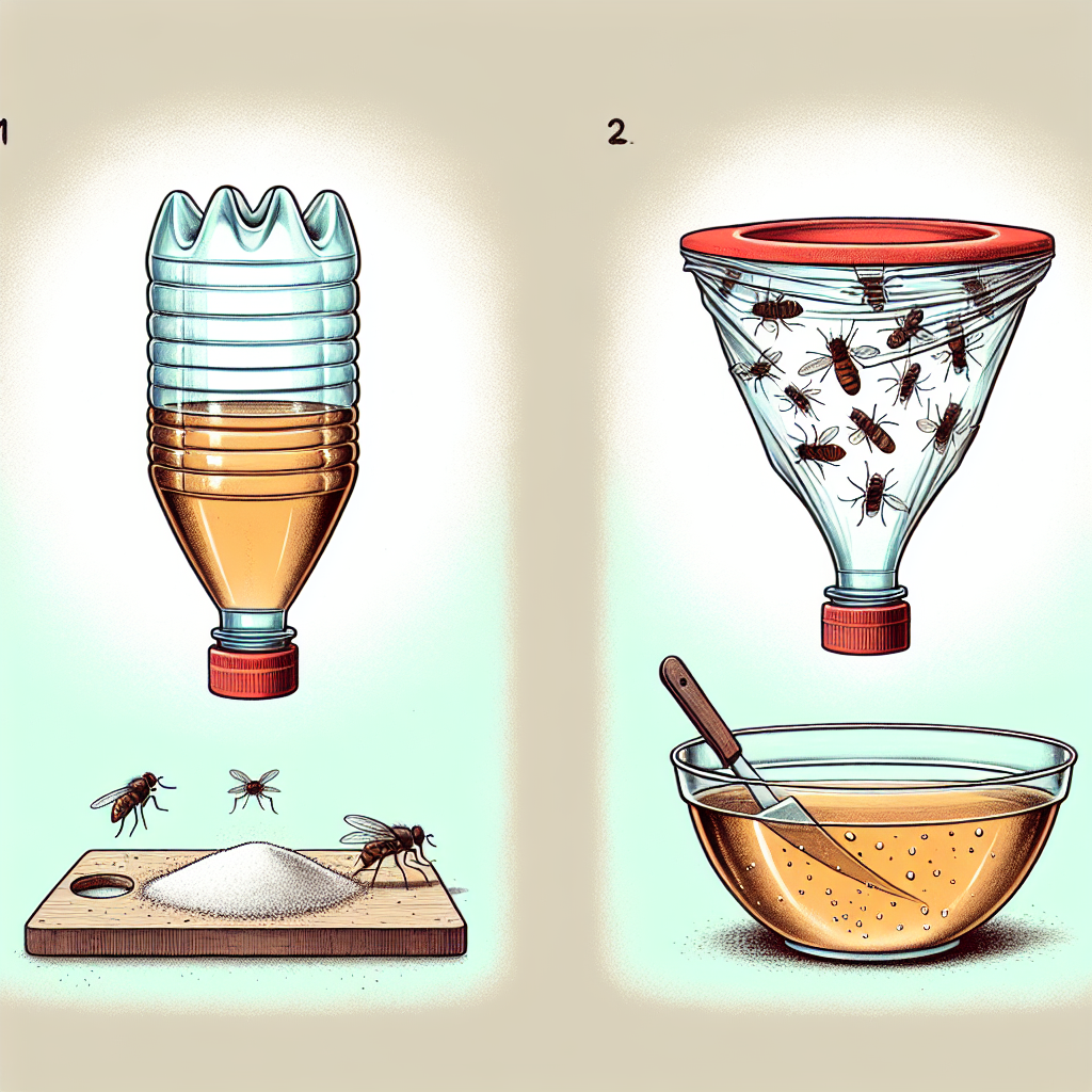 Deux pièges à mouches faits maison : une bouteille en plastique remplie d'un mélange sucré avec un entonnoir inversé formé par la partie supérieure, et un bol de vinaigre de cidre couvert de film plastique percé de trous.