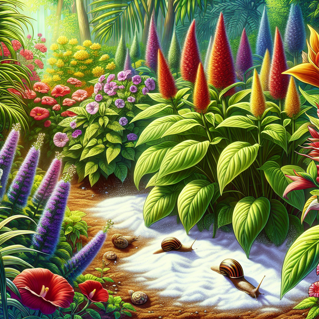 Un jardin avec des plantes éclatantes et du bicarbonate de soude saupoudré autour des plantes, avec quelques limaces évitant la zone poudrée et s'éloignant des plantes.