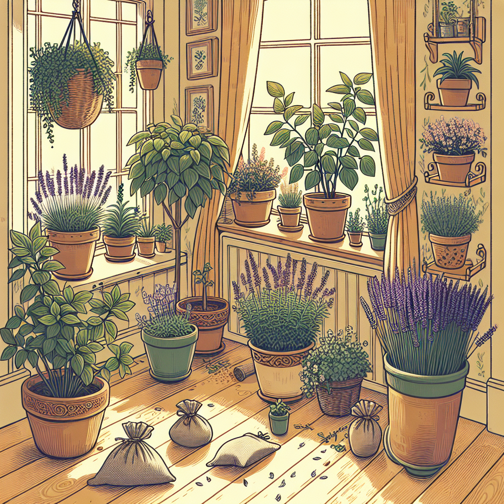 Scène d'intérieur avec des pots de lavande et de basilic près des fenêtres et des portes, ainsi que de petits sachets de lavande pour repousser les mouches.