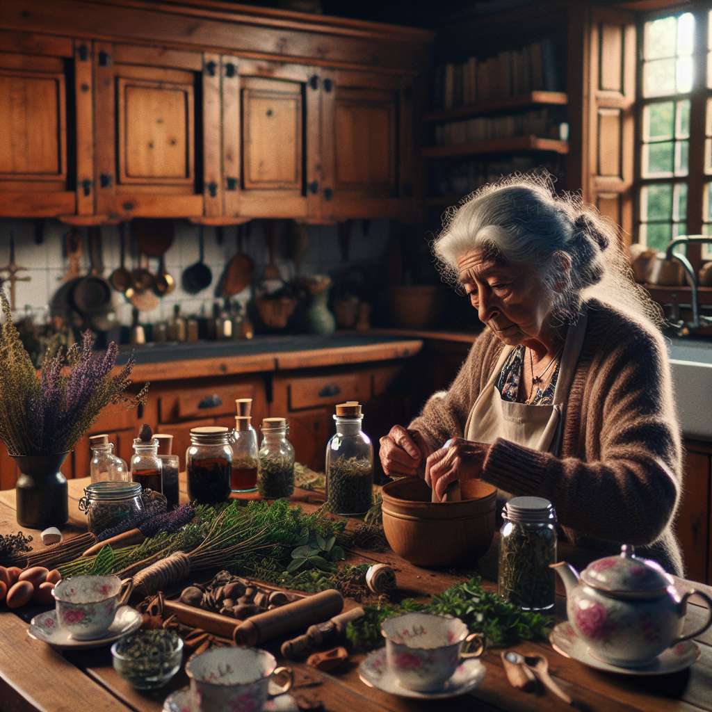 Une grand-mère préparant des remèdes naturels dans une cuisine chaleureuse et accueillante.