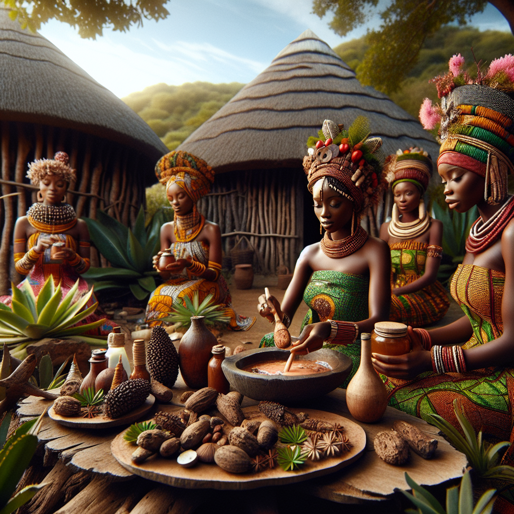 Femmes africaines préparant des solutions naturelles pour la toilette intime avec des plantes et des écorces de badamier, dans un village traditionnel.