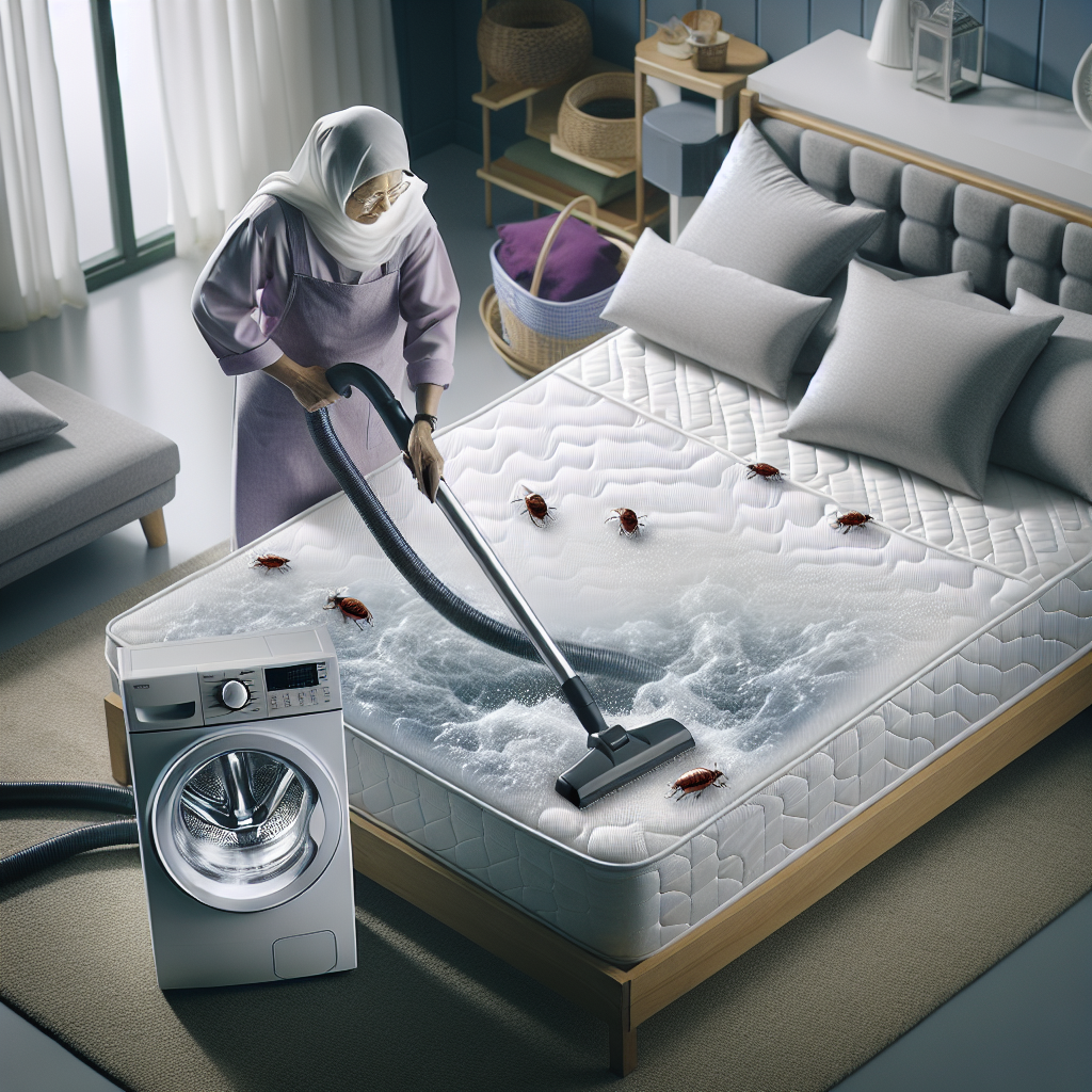 Une chambre propre avec une personne aspirant un matelas, des draps lavés à haute température, et des matelas et oreillers recouverts de housses anti-punaises.