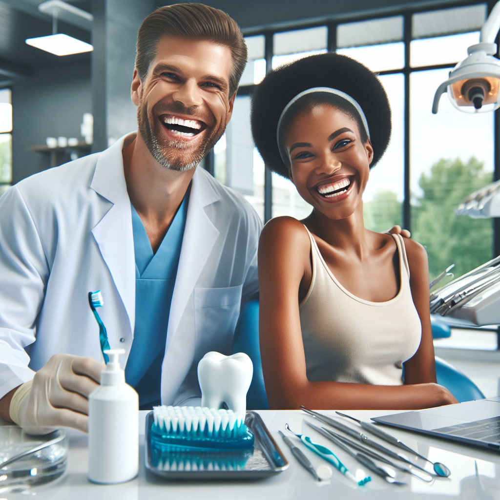 Dentiste joyeux et patient souriant dans une clinique dentaire, avec des outils pour l'hygiène buccale tels qu'une brosse à dents, du dentifrice, du fil dentaire et du rince-bouche. Emphase sur la prévention et la propreté.