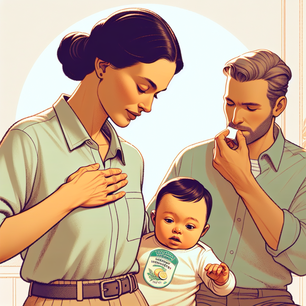 Mère appliquant du jus de citron ou du vinaigre sur ses mamelons pour dissuader le bébé de téter, avec bébé faisant une grimace de dégoût.