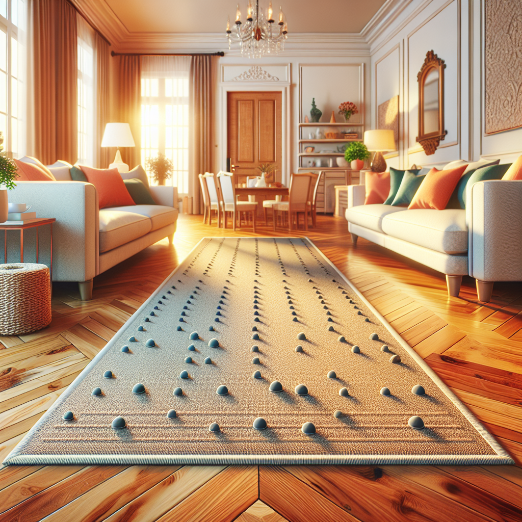 Salon confortable avec parquet, meubles avec des patins en feutre et tapis à l'entrée