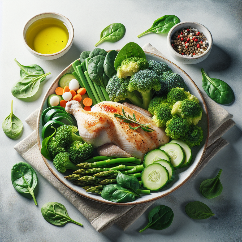Un repas équilibré avec des protéines maigres comme le poulet, accompagné de légumes verts tels que le brocoli et les épinards.
