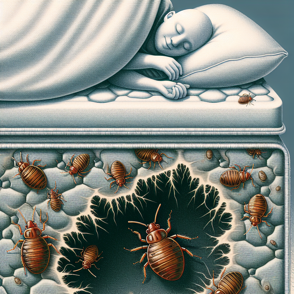Une illustration rapprochée des punaises de lit se cachant dans les coutures d'un matelas et les fissures des meubles, attirées par la chaleur corporelle et le dioxyde de carbone expiré.