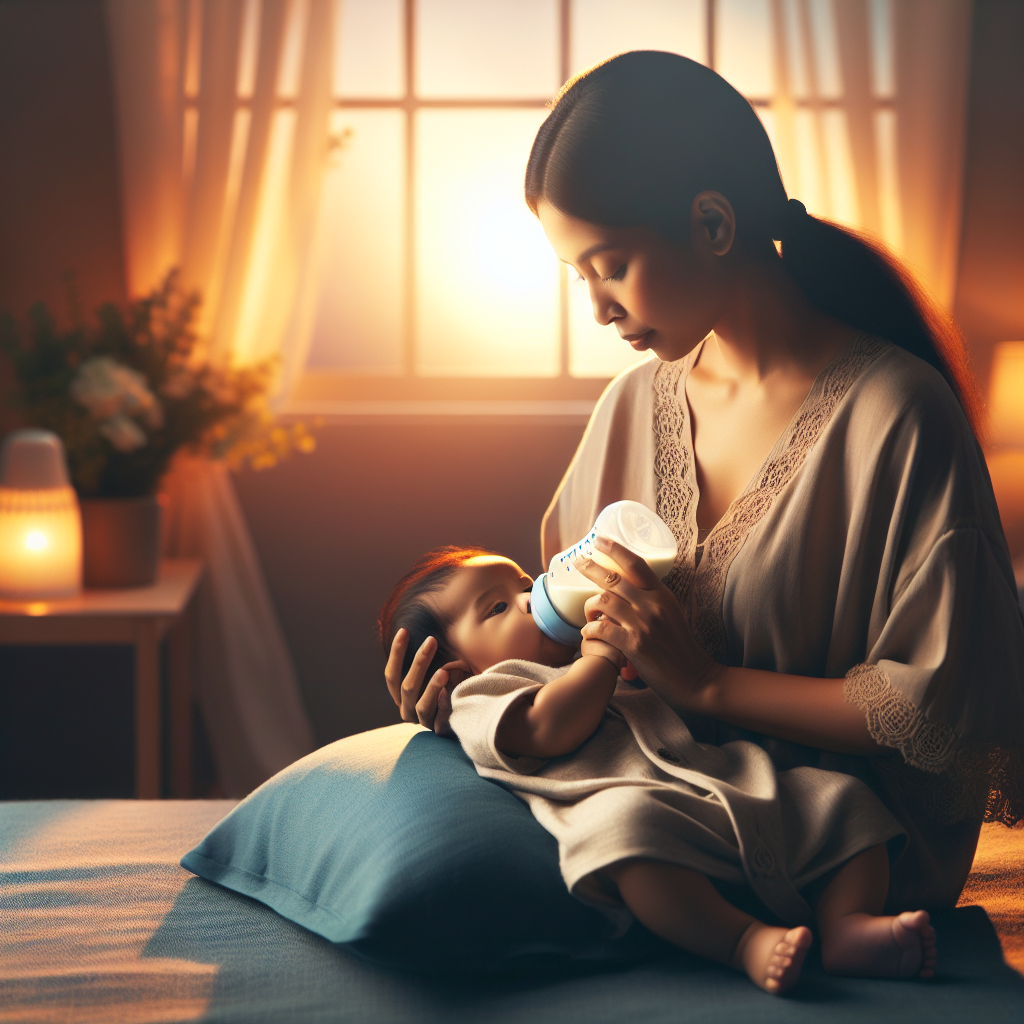 Une scène douce et sereine où une mère aide graduellement son bébé à passer de l'allaitement au biberon, avec un fond apaisant d'une pièce confortable et doucement éclairée. La mère semble attentionnée et détendue, symbolisant une transition en douceur pour la mère et le bébé.