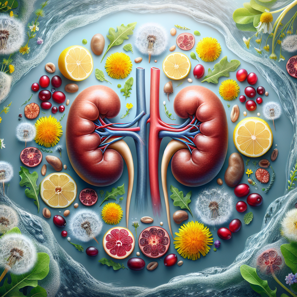 Illustration des reins en bonne santé entourés d'éléments naturels comme des pissenlits, des canneberges et des tranches de citron, symbolisant la désintoxication.
