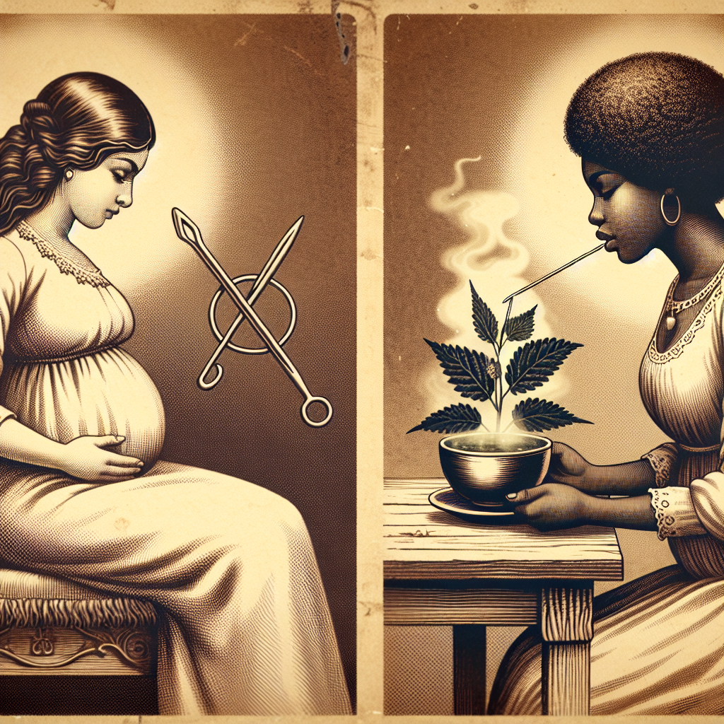 Deux méthodes traditionnelles pour prédire une grossesse gémellaire : une aiguille suspendue au-dessus du ventre d'une femme enceinte et une infusion de feuilles d'ortie dans une tasse. L'image a un style vintage.