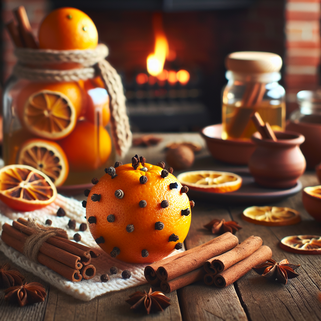 Orange avec des clous de girofle, bâtonnets de cannelle dans des pots, et vinaigre blanc avec écorces d'agrumes.
