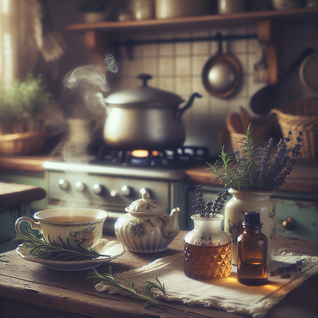 Une table de cuisine vintage avec une tasse fumante d'infusion de romarin et de menthe, à côté d'une petite bouteille d'huiles essentielles, comme la lavande et le citron.