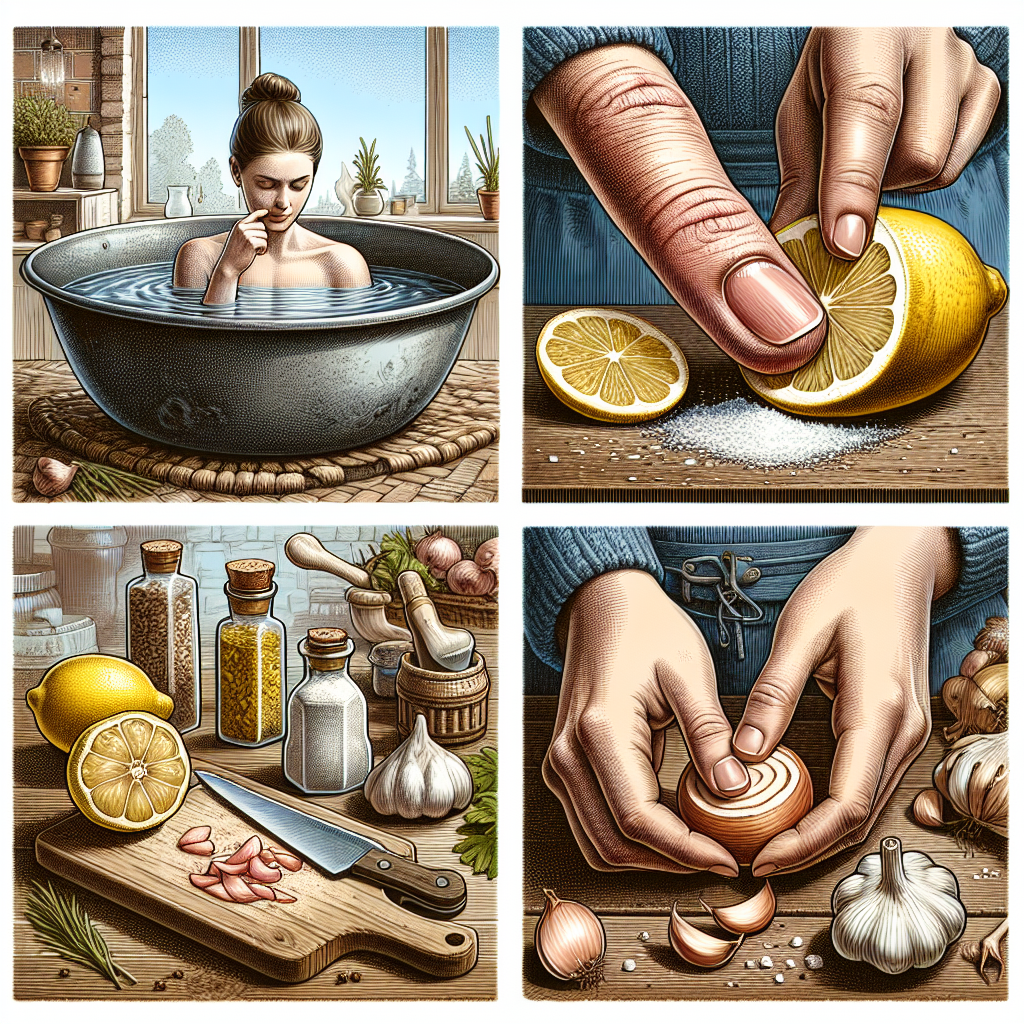 Image de remèdes naturels pour traiter un panaris: bain de sel, citron coupé avec un doigt inséré, ail écrasé, et tranche d'oignon appliquée sur un doigt enflammé.