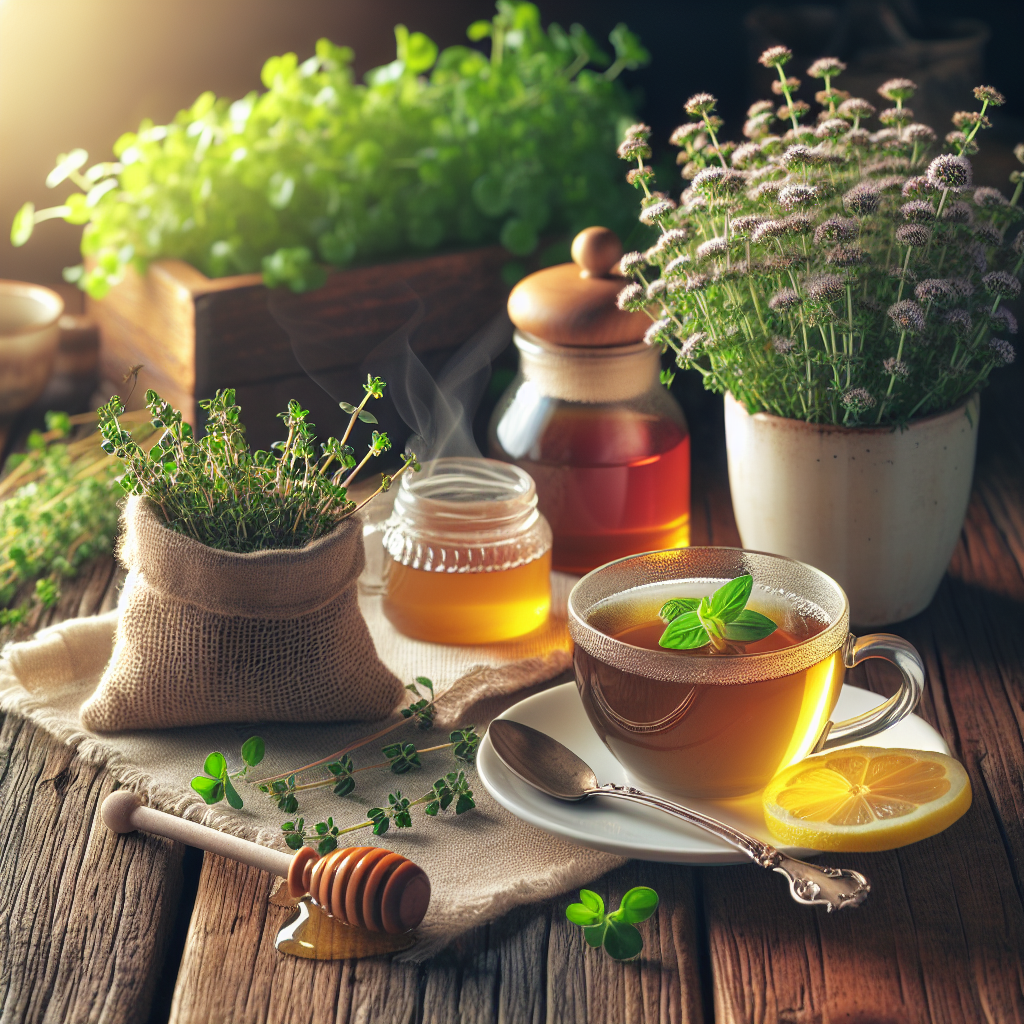 Une scène sereine de remèdes à base de plantes, avec du thym frais, une tasse de thé à la camomille fumant et un pot de miel avec une tranche de citron. La lumière naturelle éclaire doucement la scène, avec un fond de table en bois rustique et de plantes vertes.
