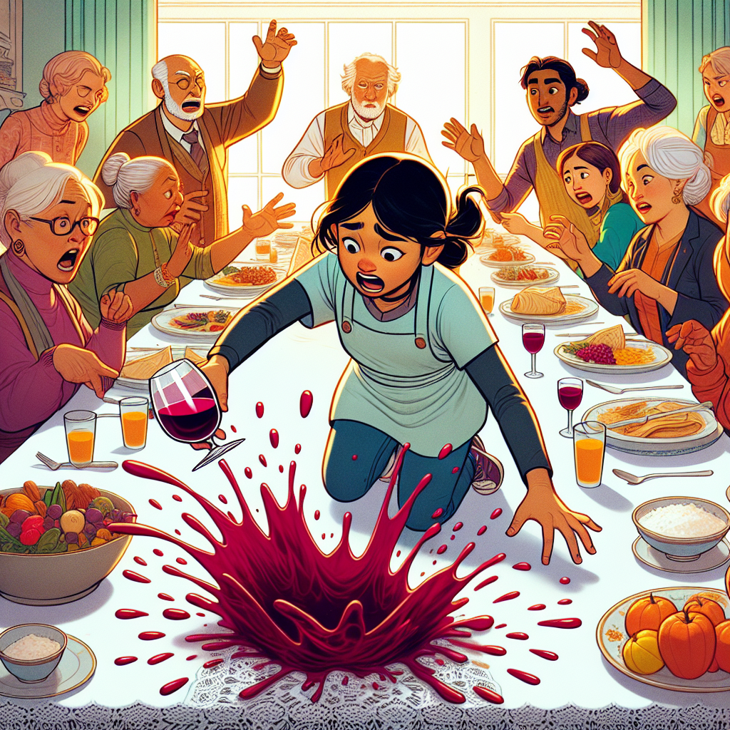 Un grand dîner de famille où un enfant renverse un verre de vin rouge sur une nappe blanche en dentelle, avec des adultes paniqués essayant de nettoyer la tache.