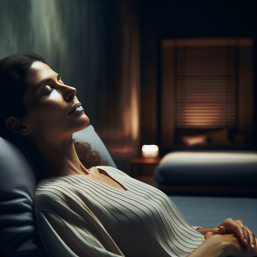 Personne se relaxant dans une pièce sombre et calme, allongée les yeux fermés, pratiquant la respiration profonde ou la méditation.