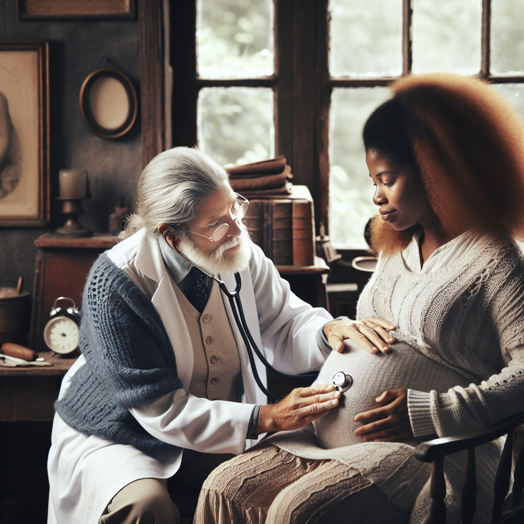 Une sage-femme et une grand-mère examinant une femme enceinte, mettant en avant son ventre plus grand que la normale.