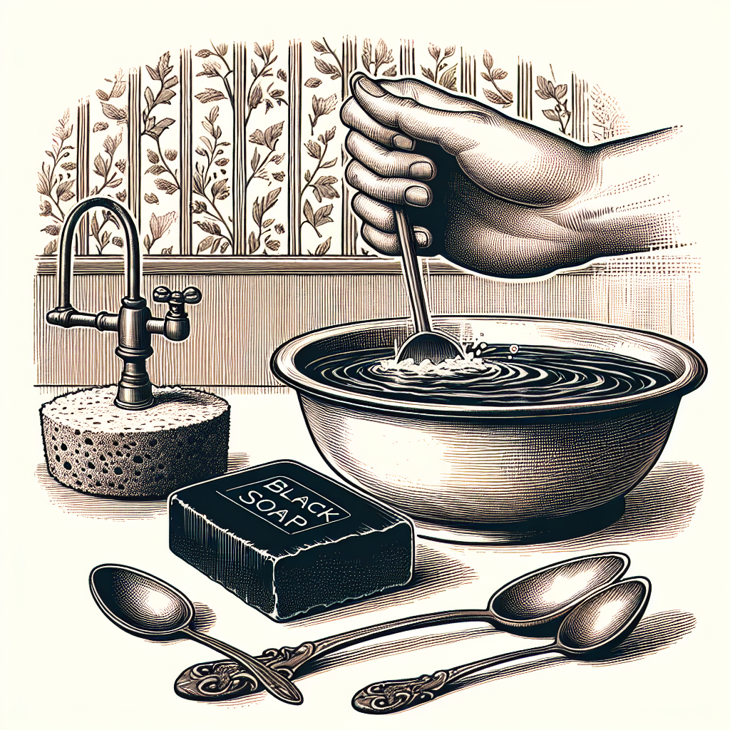 Savon noir vintage avec une bassine d'eau chaude et une éponge, papier peint en arrière-plan.