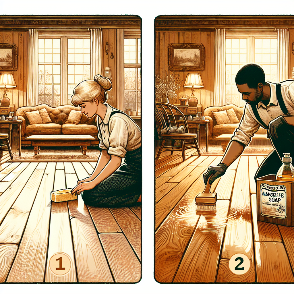 Entretien d'un parquet ancien dans une pièce chaleureuse avec nettoyage au savon de Marseille et application d'huile de lin.
