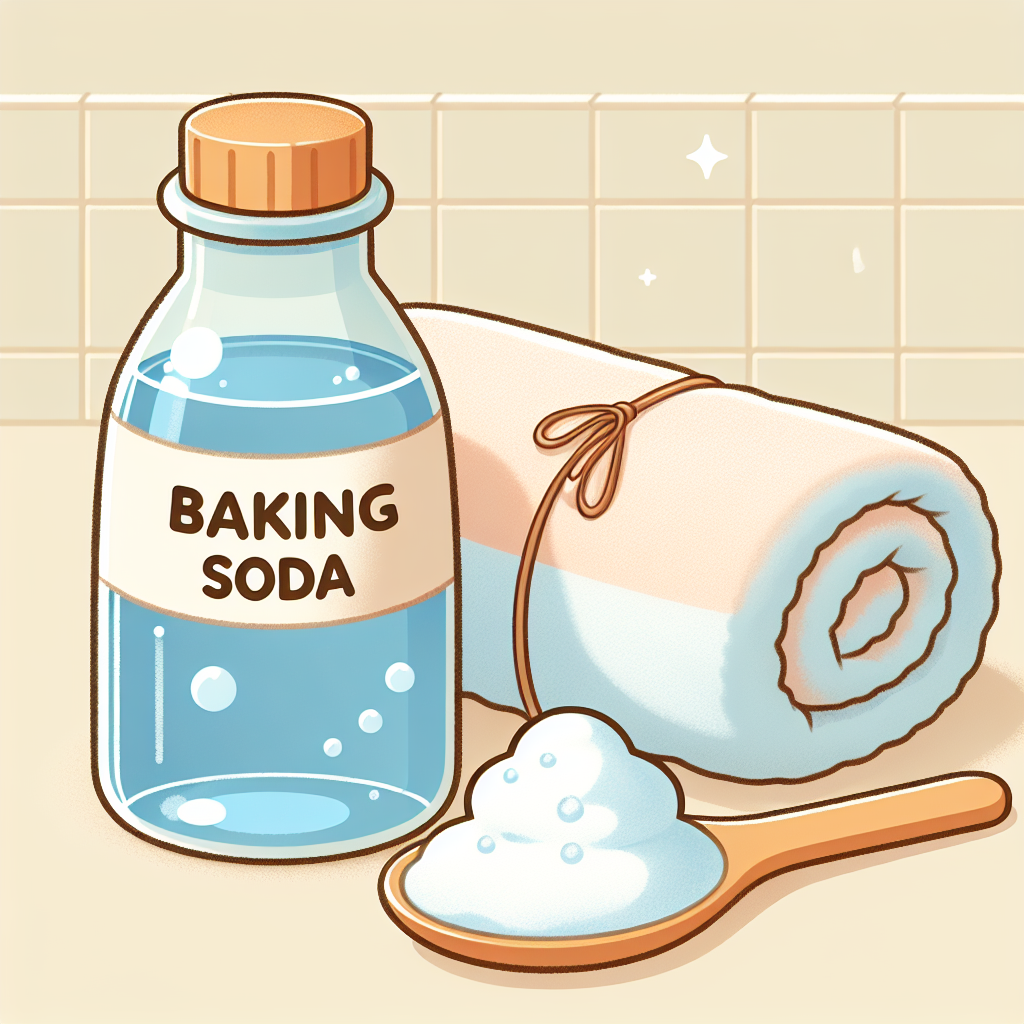 Bouteille d'eau tiède mélangée avec du bicarbonate de soude sur un comptoir de salle de bain, avec une serviette douce et une petite cuillère de bicarbonate de soude à côté.