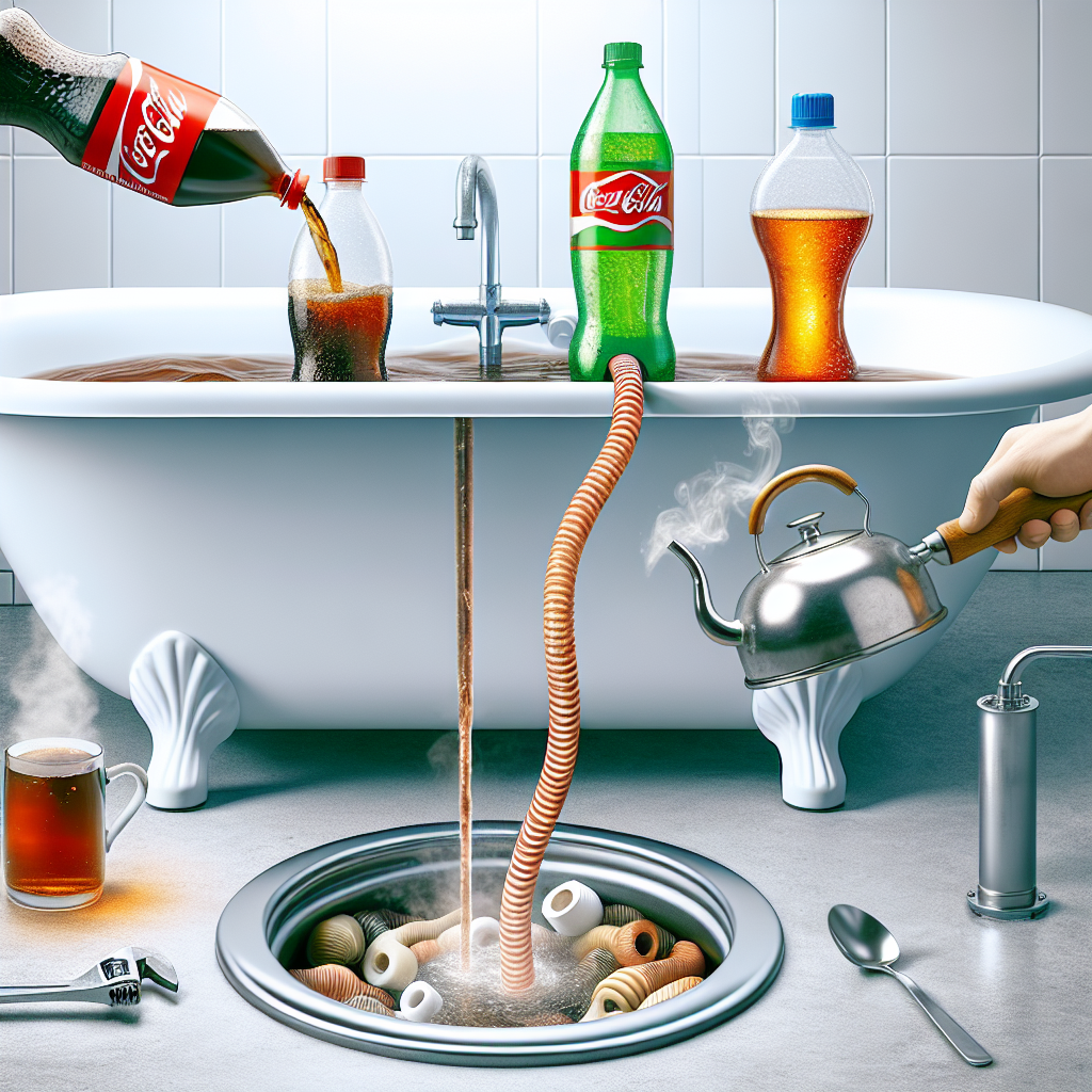 Diverses méthodes naturelles pour déboucher une baignoire : Coca-Cola versé dans un drain, un furet de plomberie utilisé pour enlever un bouchon, et une bouilloire versant de l'eau bouillante dans un drain en métal.