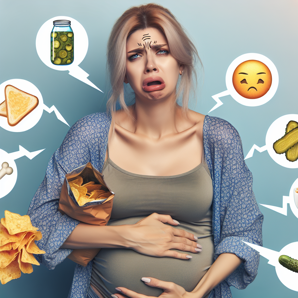 Une femme enceinte ressentant des symptômes intenses, comme des maux de dos et des nausées, ce qui pourrait indiquer qu'elle attend des jumeaux. Elle semble très fatiguée et a des envies alimentaires.