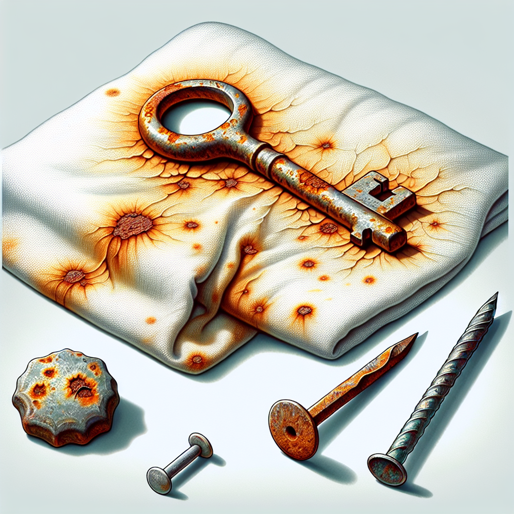 Une clé en métal avec des taches de rouille posée sur un tissu blanc, entourée d'un vieux clou rouillé et d'une partie de meuble de jardin métallique rouillée.
