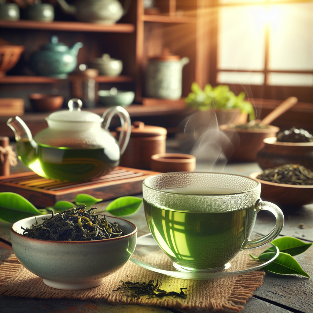 Une tasse de thé vert à côté de feuilles de thé vert fraîches, avec en arrière-plan une cuisine accueillante et chaleureuse. La scène évoque les bienfaits pour la santé et la sagesse traditionnelle.