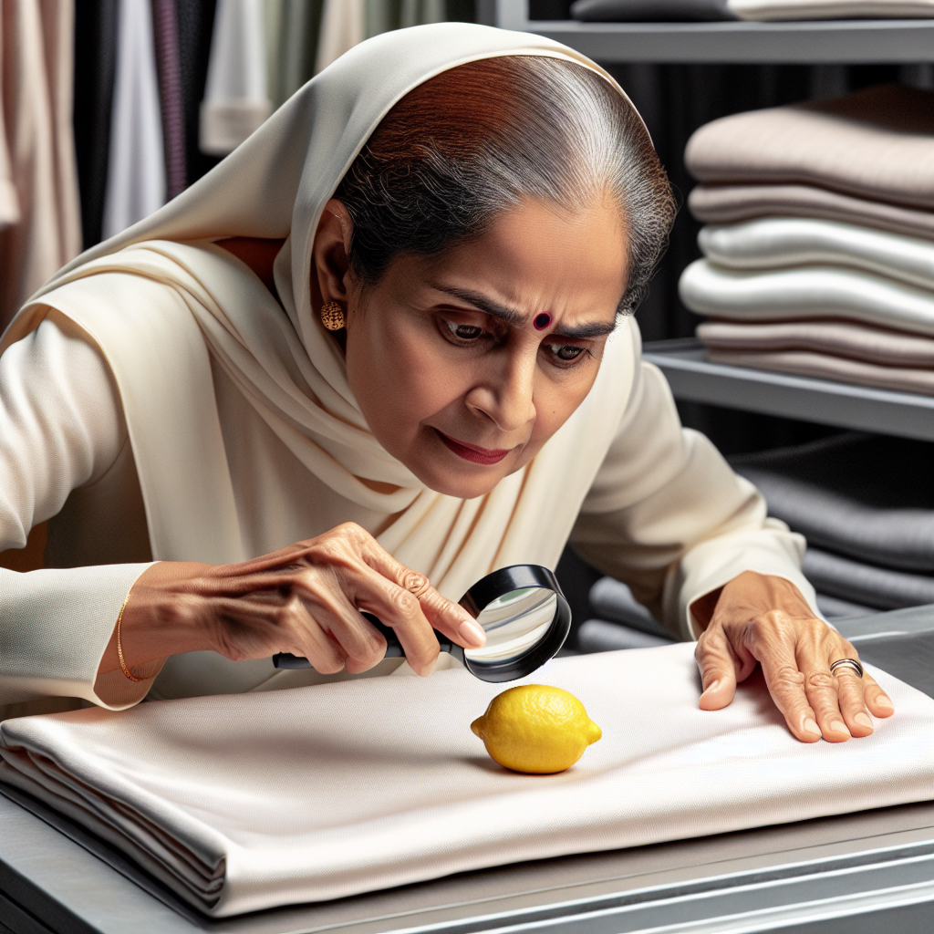 Personne testant une petite partie cachée d'un tissu délicat avec du citron pour éviter des dommages.