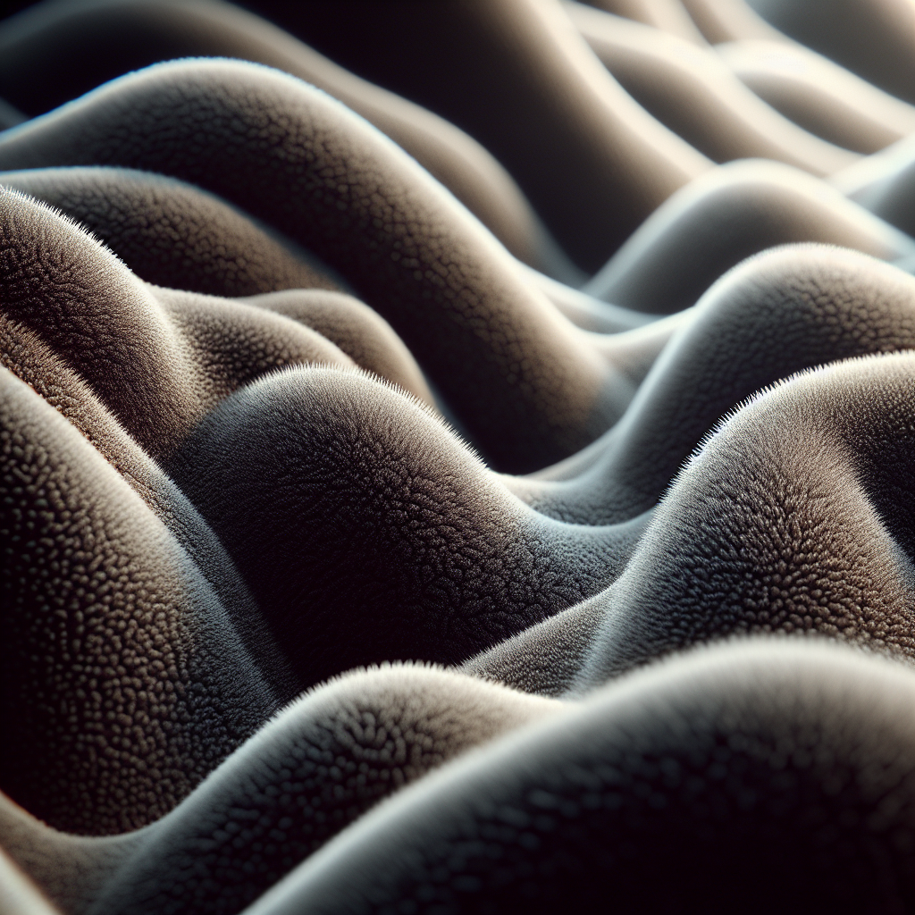 Zoom sur une matière en daim montrant sa texture duveteuse et délicate, indiquant sa sensibilité à la saleté et à l'humidité.