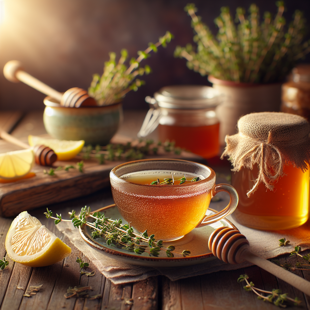 Une tasse d'infusion de thym à côté d'une branche de thym frais, un pot de miel et une tranche de citron sur une table en bois rustique, avec une lumière naturelle chaleureuse.