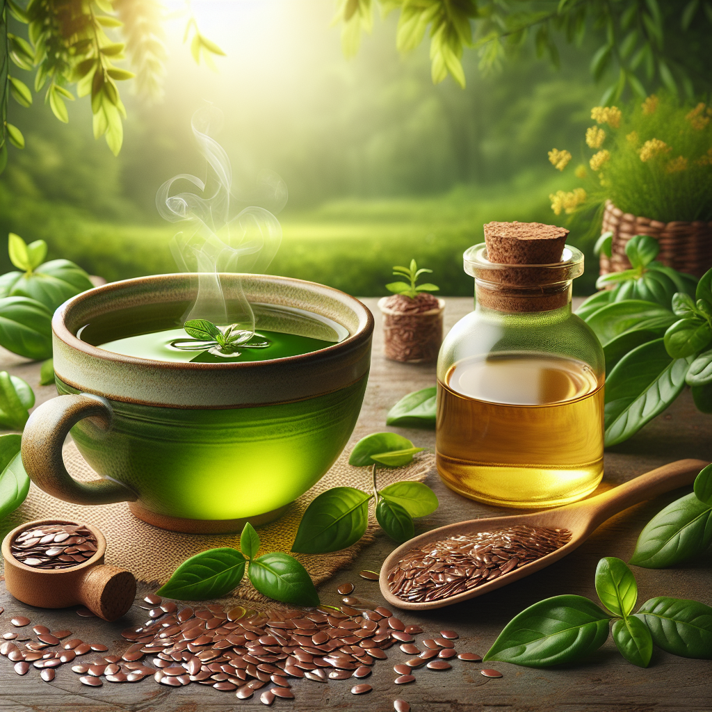 Image représentant les bienfaits du thé vert et de l'huile de lin pour des remèdes naturels, avec une tasse de thé vert et une bouteille d'huile de lin entourée de graines de lin