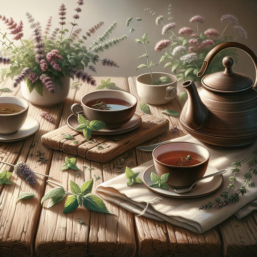 Table rustique avec une tisane et des herbes comme la verveine et la menthe, créant une atmosphère apaisante.