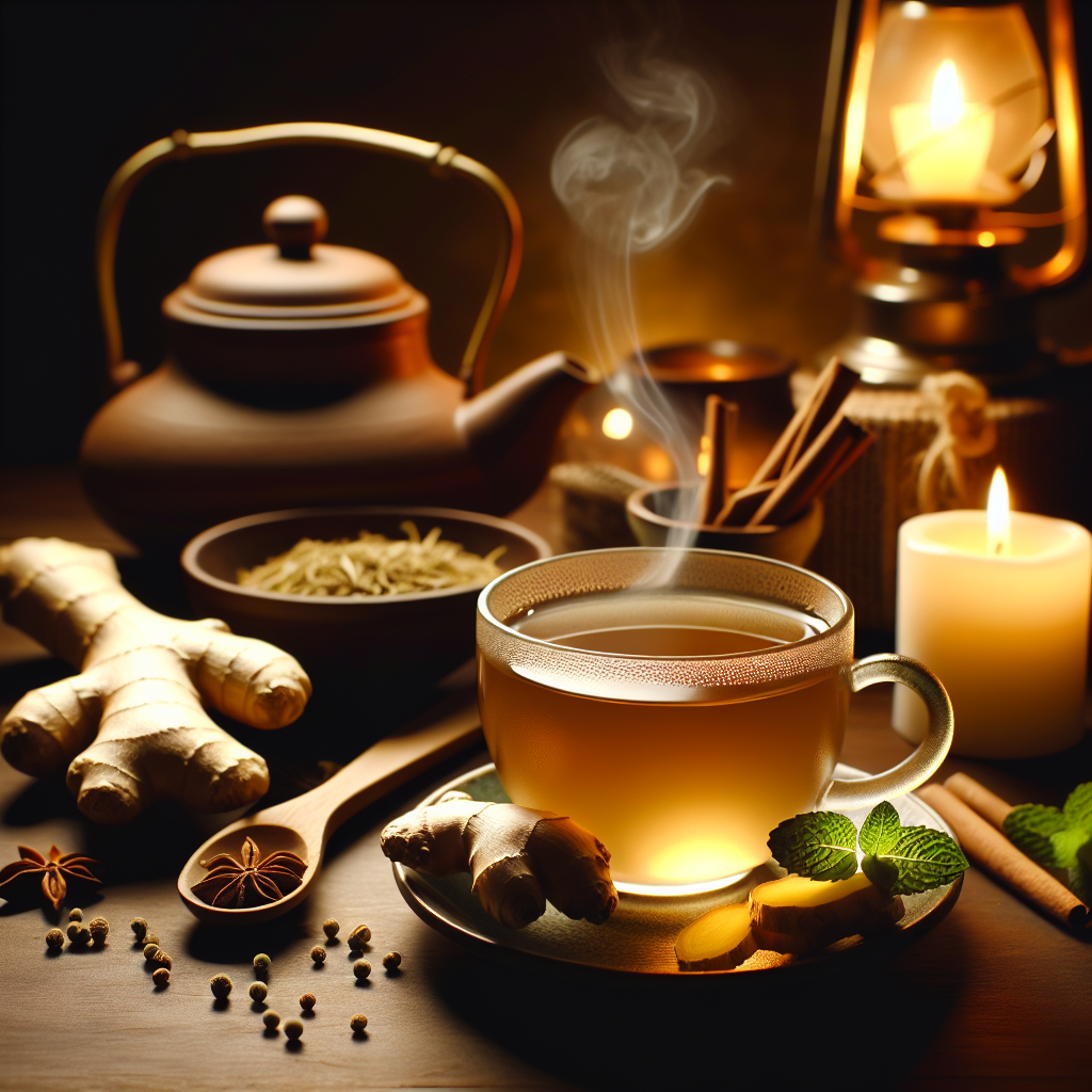 Une tasse de tisane fumante au gingembre sur une table de nuit, avec des morceaux de gingembre frais, des feuilles de menthe et des graines de fenouil à côté, dans un cadre apaisant avec une lampe ou des bougies.
