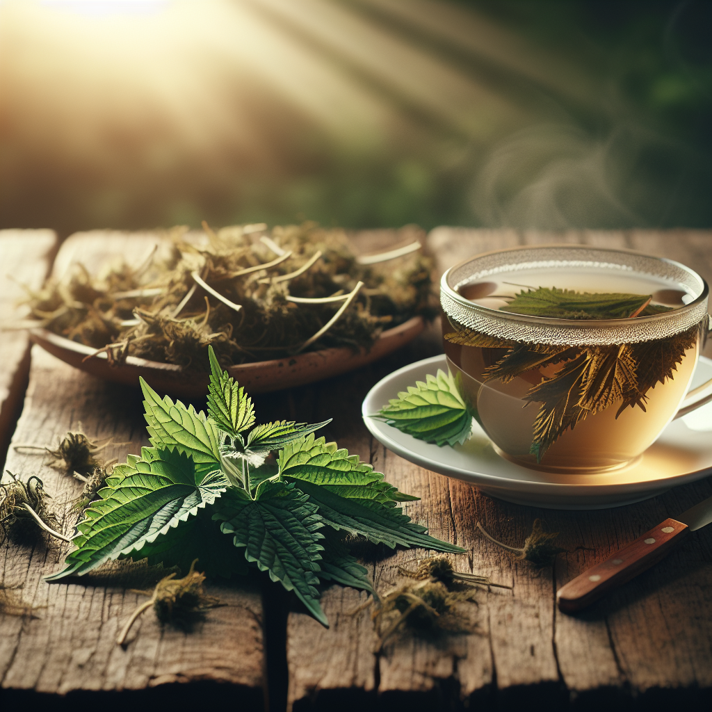 Une tasse de tisane d'ortie avec des feuilles d'ortie séchées à côté, posée sur une table en bois avec une lumière naturelle chaleureuse.