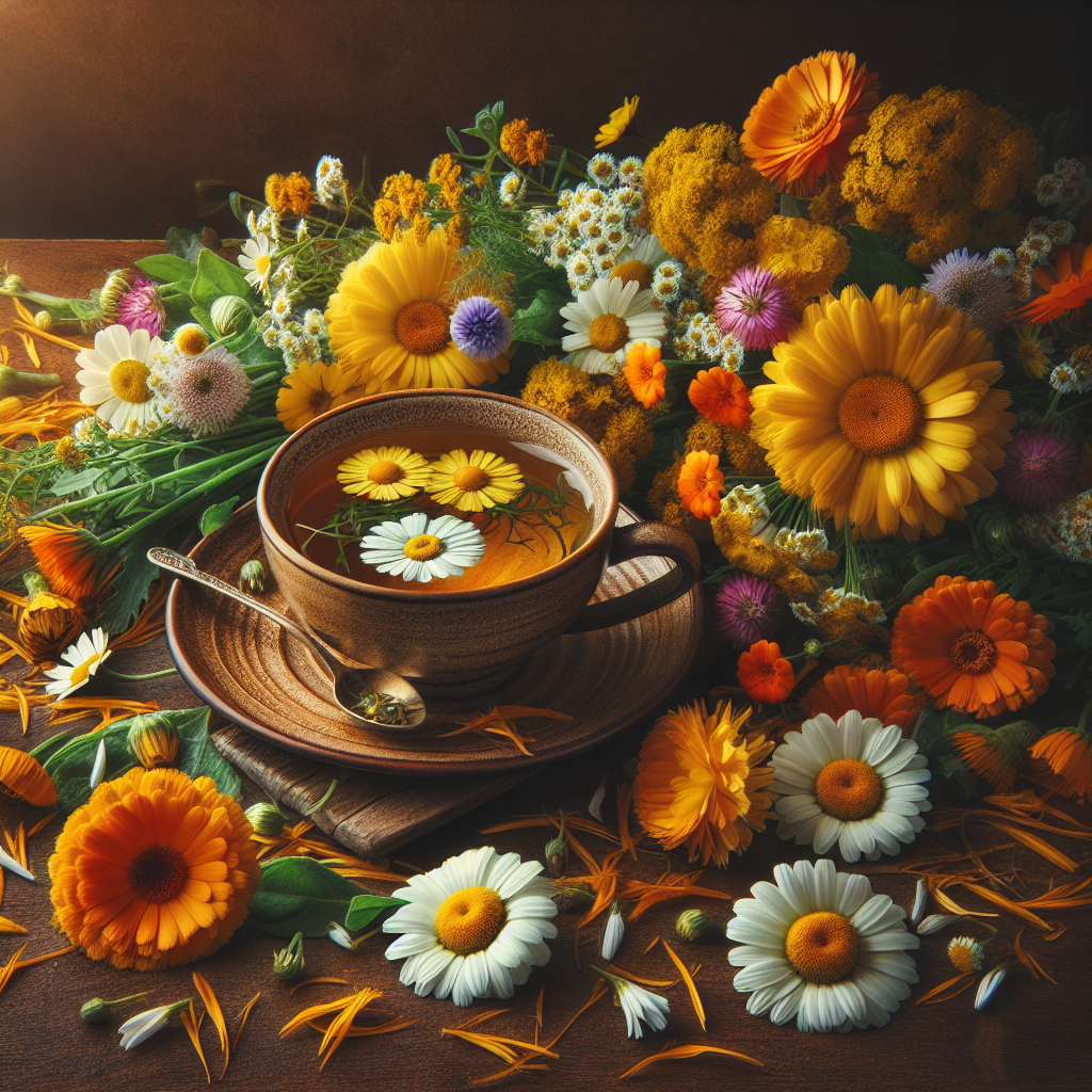 Une tisane de camomille et de calendula avec des fleurs vibrantes