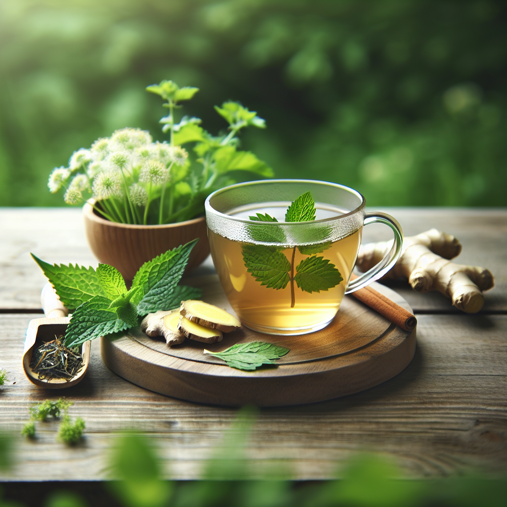 Une tasse de tisane détoxifiante avec des ingrédients comme le gingembre, l'ortie et le pissenlit sur une table en bois, avec des feuilles de menthe fraîches sur le côté, dans un cadre calme et naturel.