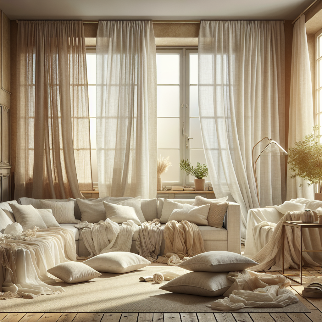 Un salon confortable avec des tissus légers et naturels comme des rideaux en coton ou en lin, des draps et des housses de canapé.