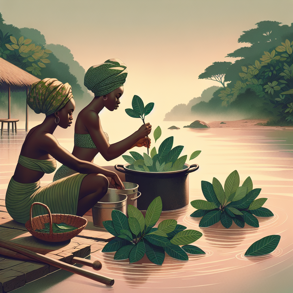 Femmes africaines utilisant des herbes et plantes naturelles pour la toilette intime, avec des feuilles de goyave bouillies.
