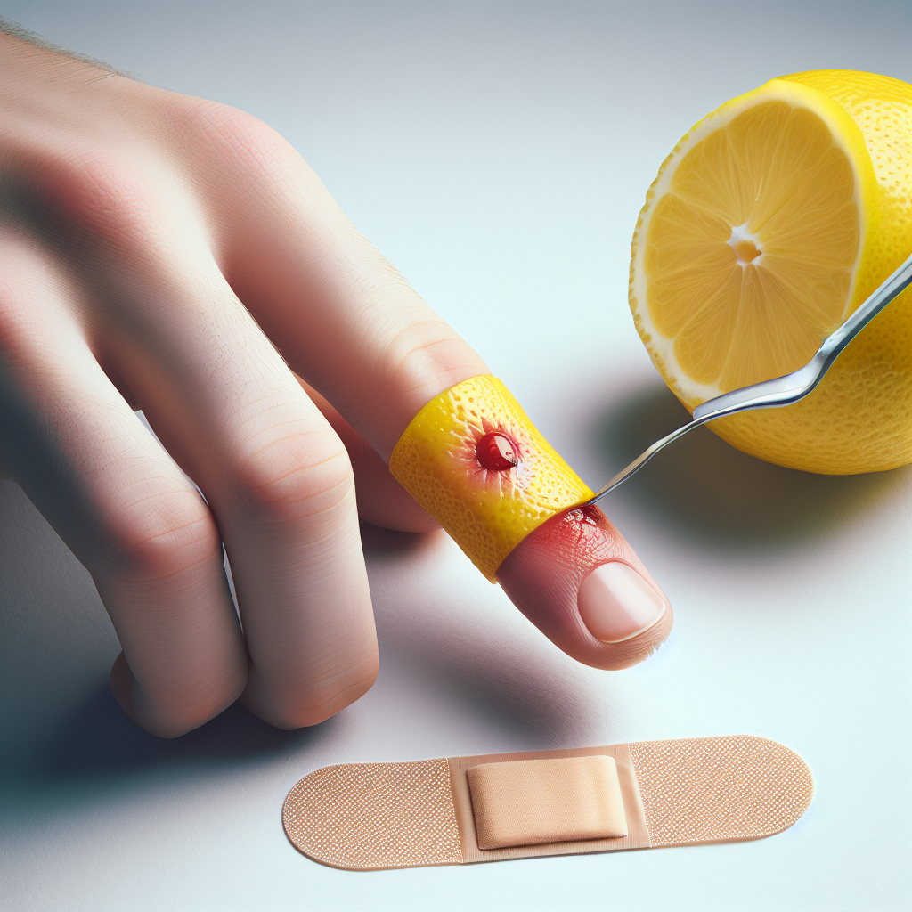 Tranche de citron appliquée sur un doigt infecté, fixée par un pansement pour illustrer un traitement naturel.