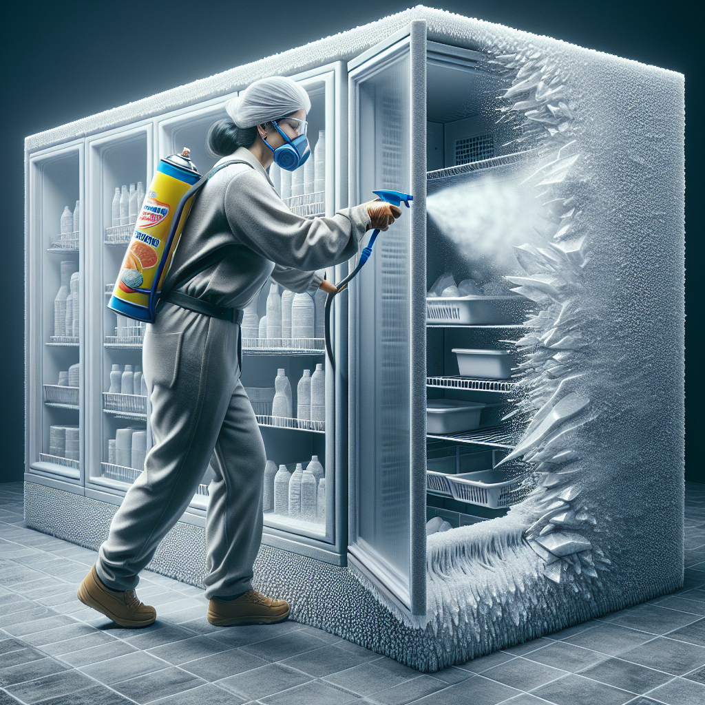 Une personne utilisant un spray commercial pour dégivrer rapidement un congélateur, avec de la glace fondant sur les parois et les étagères du congélateur.