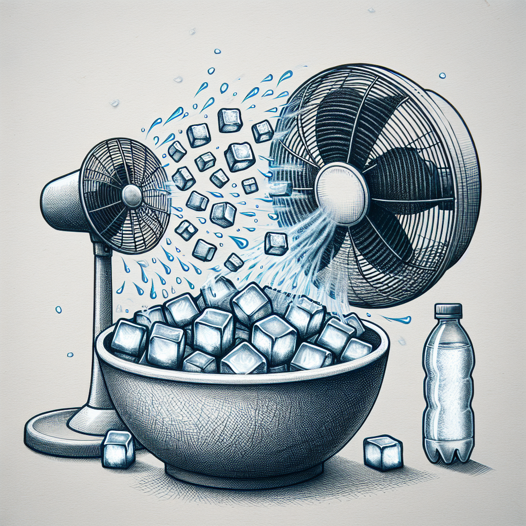 Un bol de glaçons placé devant un ventilateur, avec des bouteilles d'eau congelées à proximité pour un effet prolongé.