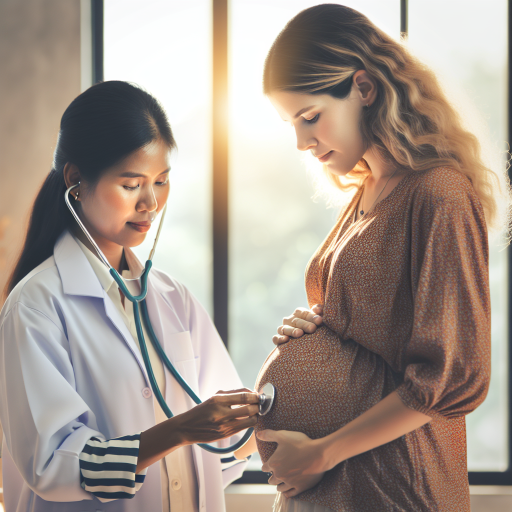 Une femme enceinte avec un ventre visiblement gros, indiquant la possibilité de jumeaux, et un médecin mesurant la taille de son utérus.