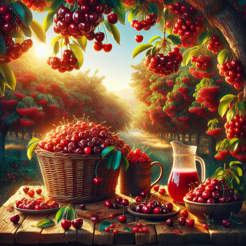 Verger avec des cerisiers chargés de cerises mûres, des paniers de cerises fraîchement cueillies et une carafe de jus de cerise.