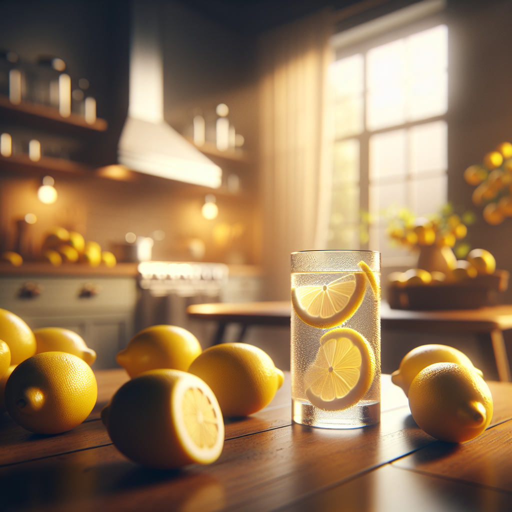 Un verre d'eau tiède avec du jus de citron entouré de quelques citrons sur une table, dans une cuisine avec une lumière naturelle douce.