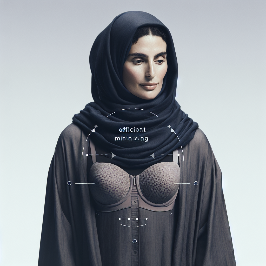 Une femme portant un soutien-gorge minimiseur et des vêtements amples et foncés.