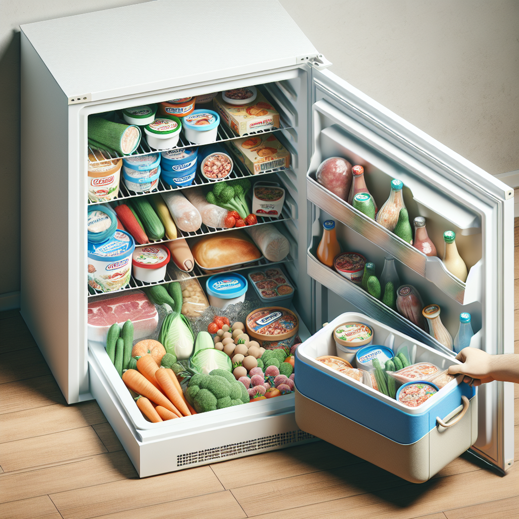 Une personne vide un congélateur en plaçant des aliments congelés dans une glacière à proximité.
